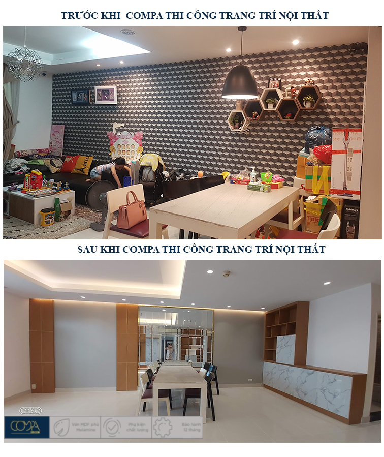 Hình ảnh thi công thực tế nội thất phòng khách căn hộ 90m2 so sánh với hiện trạng cũ Hình ảnh thi công thực tế nội thất phòng khách căn hộ 90m2 so sánh với hiện trạng cũ