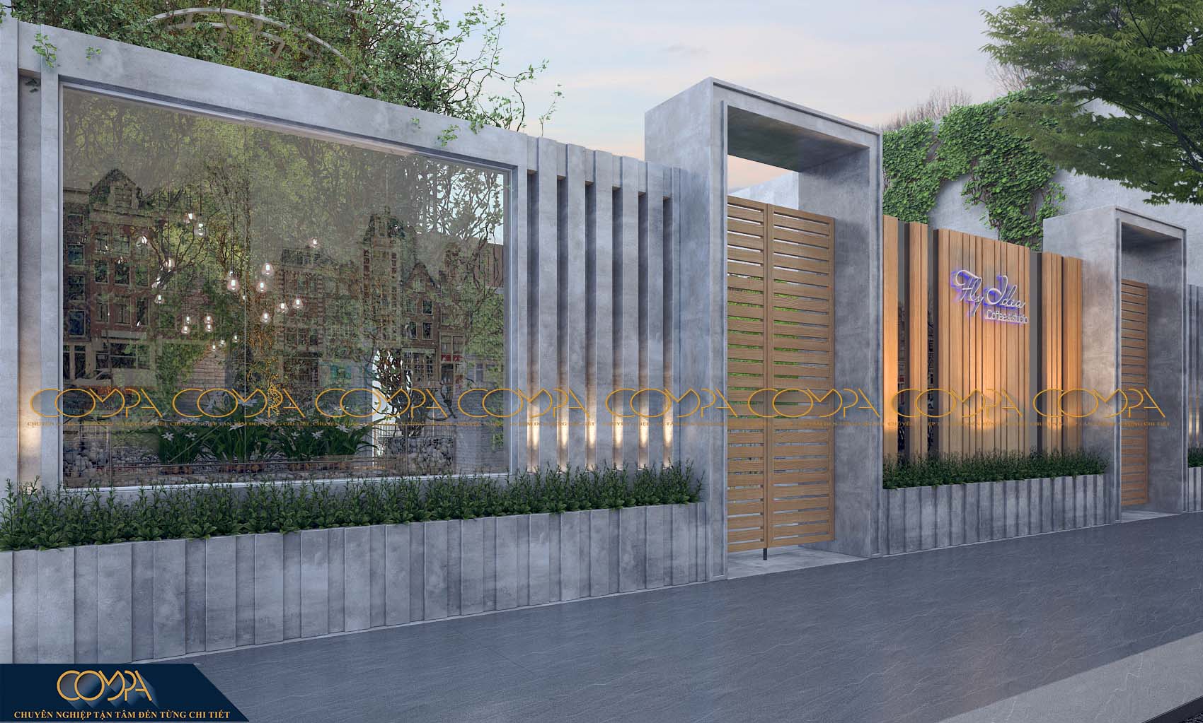 Hình thiết kế mặt tiền quán cafe sân vườn đẹp lung linh Hình thiết kế mặt tiền quán cafe sân vườn đẹp lung linh