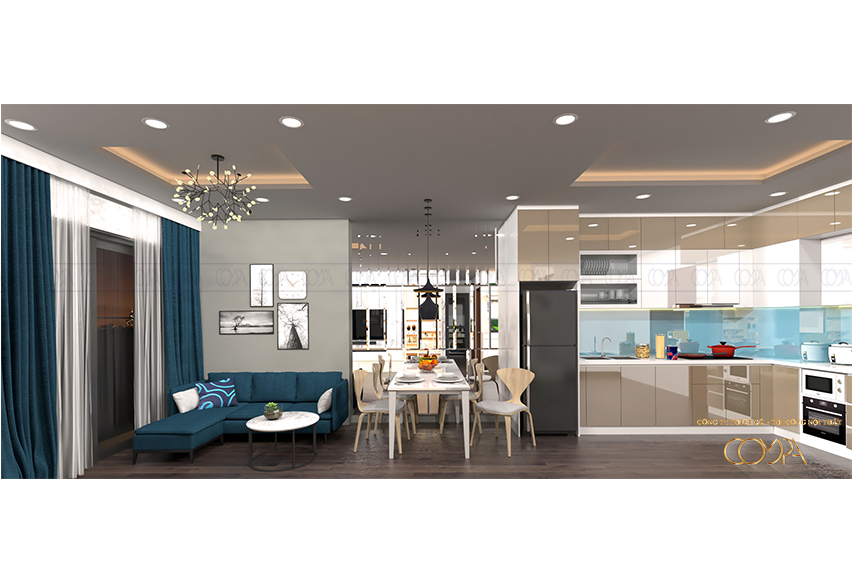 Hình ảnh thiết kế tổng thể nội thất phòng khách căn hộ 60m2 với ván An Cường