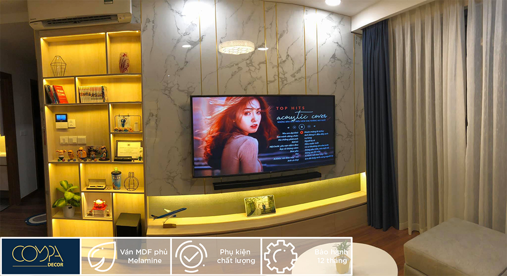 Hình ảnh thi công thực tế nội thất phòng khách căn hộ lung linh với ván MDF An Cường Hình ảnh thi công thực tế nội thất phòng khách căn hộ lung linh với ván MDF An Cường