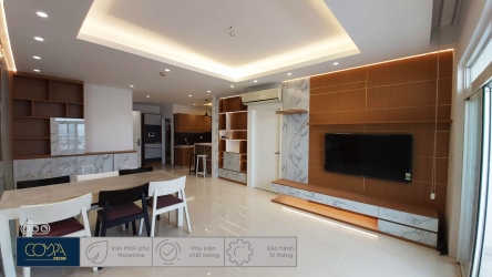 HÌNH ẢNH THI CÔNG THỰC TẾ NỘI THẤT PHÒNG KHÁCH CĂN HỘ 90M2 VỚI VÁN AN CƯỜNG TẠI CĂN HỘ CAO CẤP THE FLEMINGTON